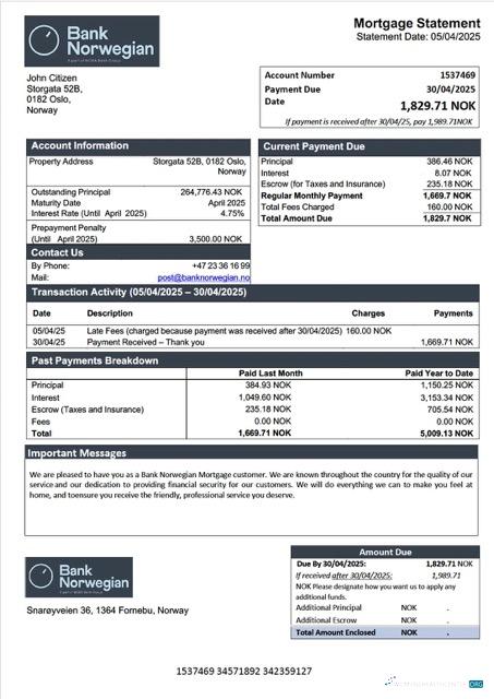 Download Norway Bank Norwegian mortgage statement Word and PDF template Photoshop template